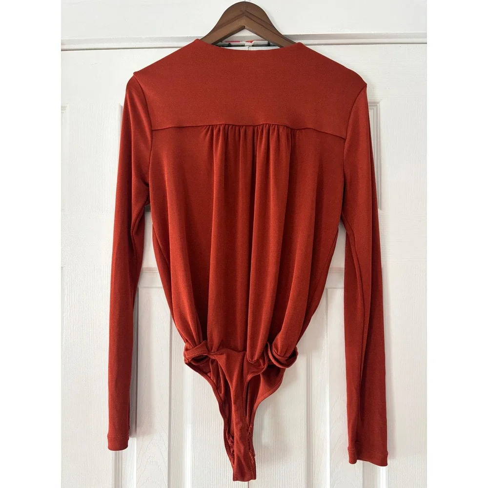 Intimately‎ Free People Rust Orange Deep V Long Sleeve Draped Bodice Bodysuit L